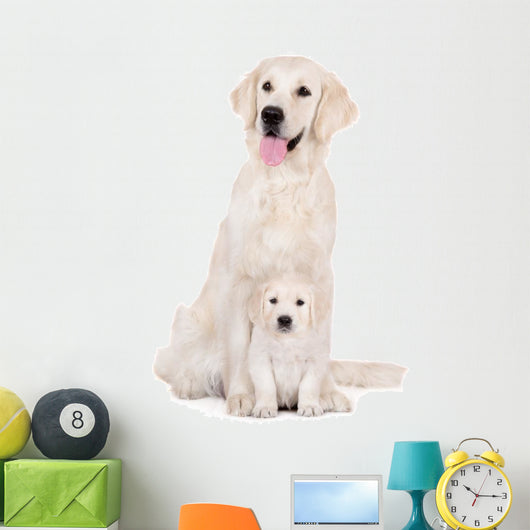 golden retriever dog with a puppy sitting on white Wall Decal