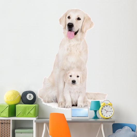 golden retriever dog with a puppy sitting on white Wall Decal