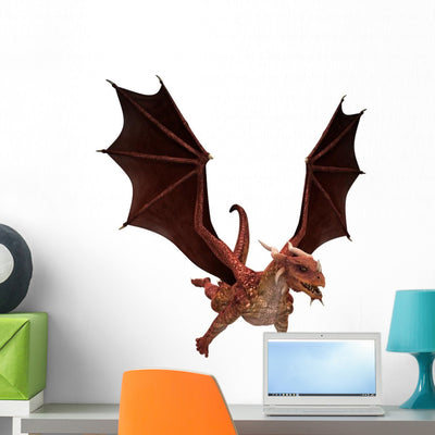 Flying Red Fantasy Dragon Wall Decal shown on a wall