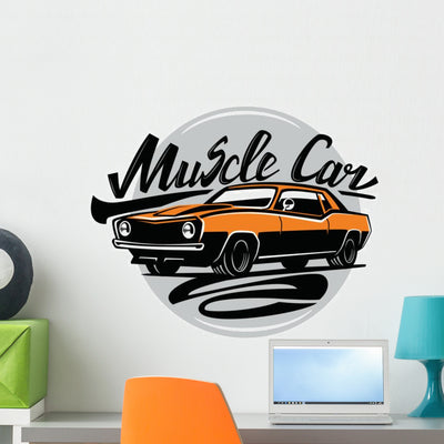 Vector Orange Muscle Car Wall Decal shown on a wall