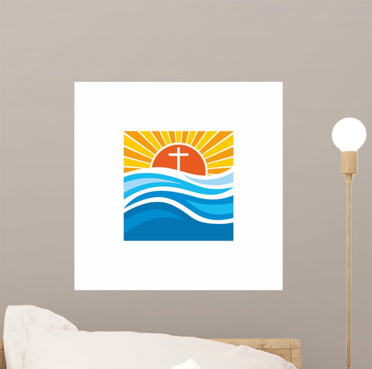 Logo church. Christian symbols. Waves, cross, sun, streams of water alive. Wall Mural