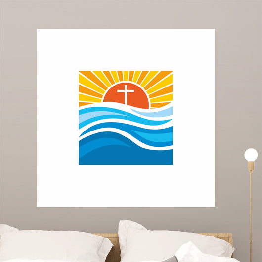 Logo church. Christian symbols. Waves, cross, sun, streams of water alive. Wall Mural