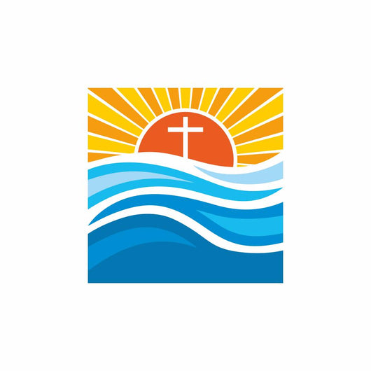 Logo church. Christian symbols. Waves, cross, sun, streams of water alive. Wall Mural