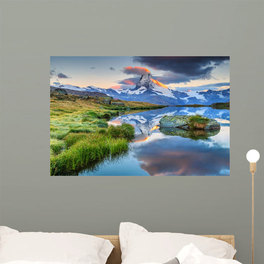 Spectacular sunrise with Matterhorn peak and Stellisee lake,Valais,Switzerland Wall Mural