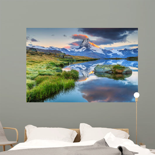 Spectacular sunrise with Matterhorn peak and Stellisee lake,Valais,Switzerland Wall Mural