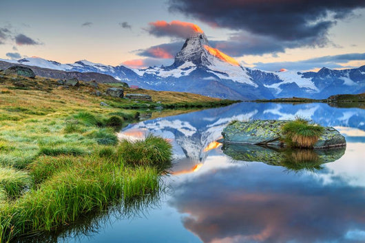 Spectacular sunrise with Matterhorn peak and Stellisee lake,Valais,Switzerland Wall Mural