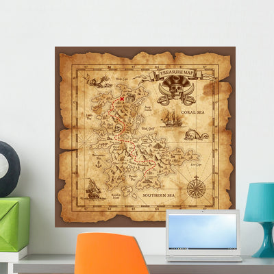Vector Pirate Treasure Map Wall Mural shown on a wall
