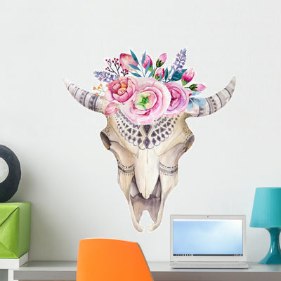 Watercolor Floral Cow Skull Wall Decal shown on a wall