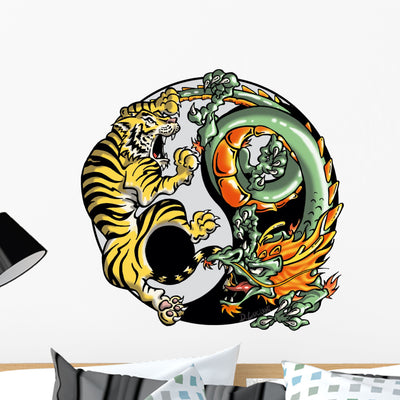 Dragon and Tiger Yin-yang Wall Decal shown on a wall