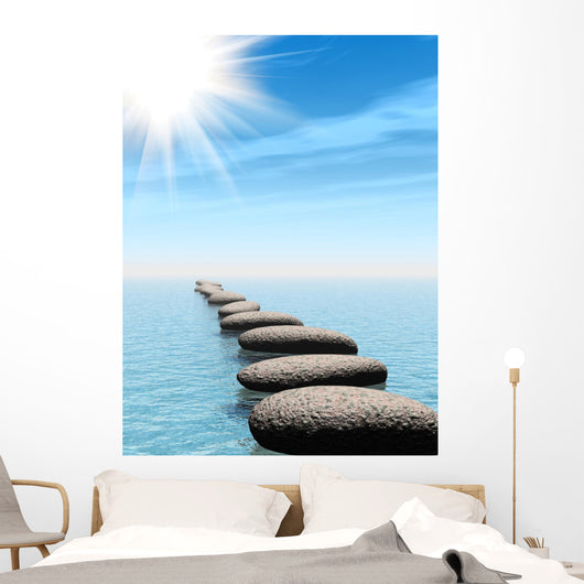 A row of stones in water with sun beam Wall Mural