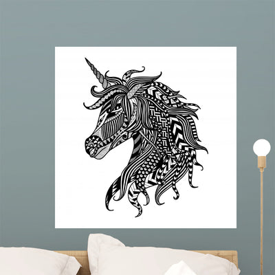 Drawing Unicorn Zentangle Style Wall Decal shown on a wall