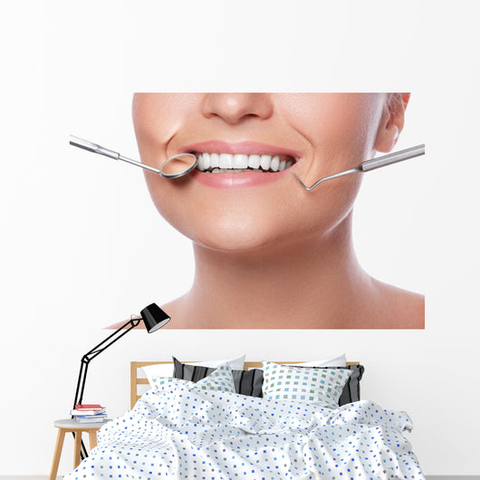 Smiling woman and dental tools Wall Decal