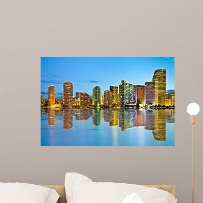 Beautiful Miami Florida Skyline Wall Decal shown on a wall