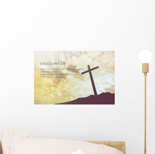 Ephesians 2:8 Vintage Bible Verse Background on one cross on a h Wall Mural