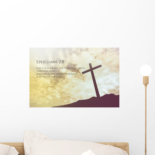 Ephesians 2:8 Vintage Bible Verse Background on one cross on a h Wall Mural