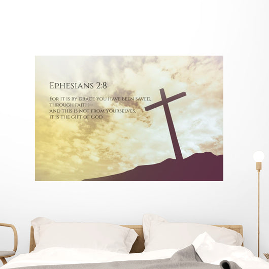Ephesians 2:8 Vintage Bible Verse Background on one cross on a h Wall Mural