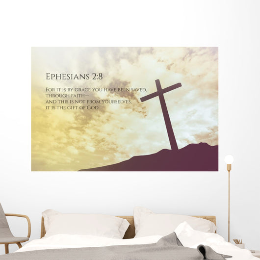 Ephesians 2:8 Vintage Bible Verse Background on one cross on a h Wall Mural