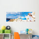 Europe tourist travel woman panorama banner from Oia, Santorini, Greece. Happy young woman looking at famous blue dome church landmark destination. Beautiful girl visiting the Greek islands. Wall Mural