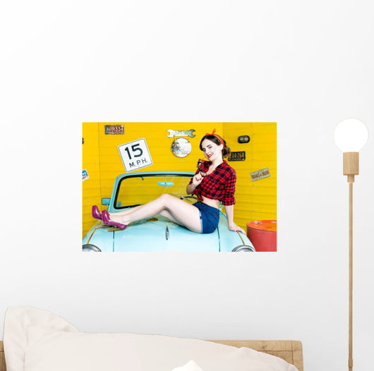 Blue Retro Car Pin-up Wall Decal