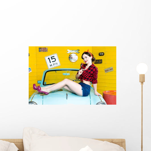 Blue Retro Car Pin-up Wall Decal