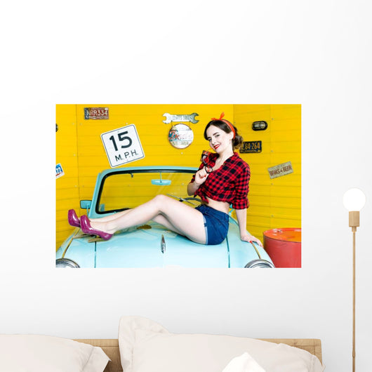 Blue Retro Car Pin-up Wall Decal