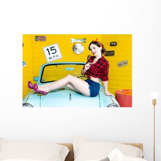 Blue Retro Car Pin-up Wall Decal