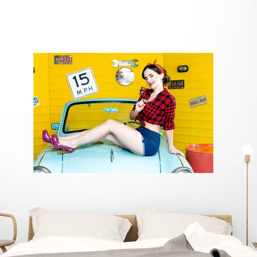 Blue Retro Car Pin-up Wall Decal
