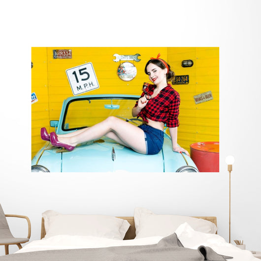 Blue Retro Car Pin-up Wall Decal