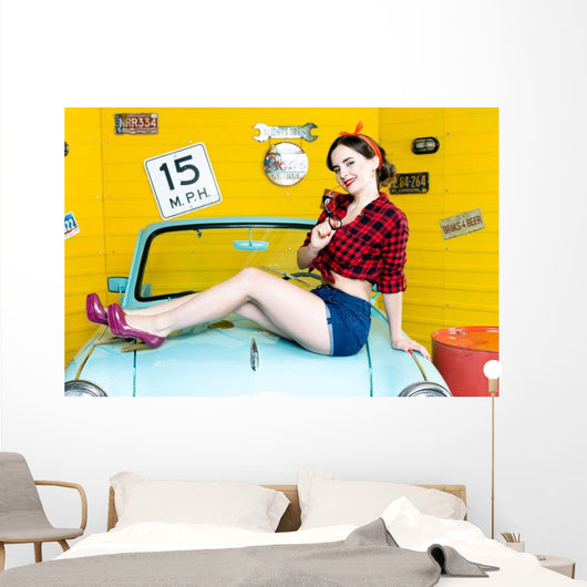 Blue Retro Car Pin-up Wall Decal