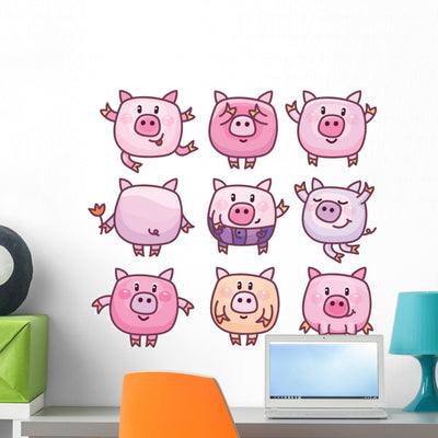 Nine Cute Cartoon Pigs Wall Decal Sticker Set shown on a wall
