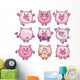 Nine Cute Cartoon Pigs Wall Decal Sticker Set
