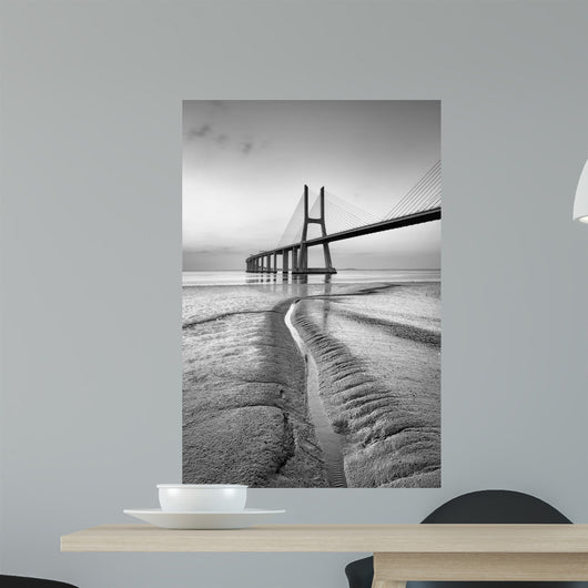 Vasco da Gama bridge at black and white, sunrise Lisbon Wall Mural