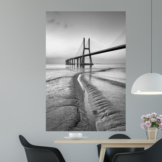 Vasco da Gama bridge at black and white, sunrise Lisbon Wall Mural