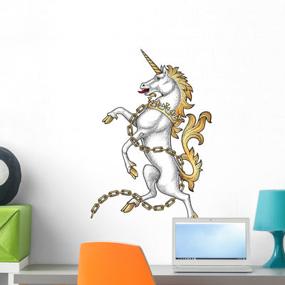 Rearing Heraldic Unicorn Wall Decal shown on a wall