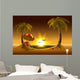 Evening beach. Sea, sun, palm trees and sand. Romantic summer vacation Wall Mural