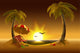 Evening beach. Sea, sun, palm trees and sand. Romantic summer vacation Wall Mural