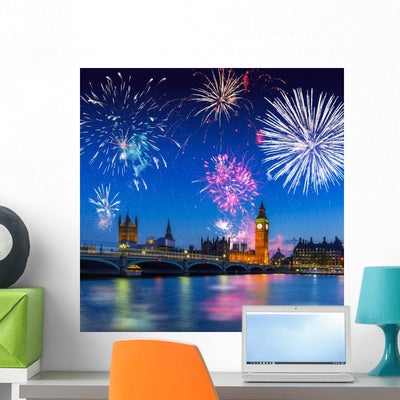 Big Ben Uk Fireworks Wall Mural shown on a wall