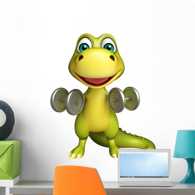 Cute Dinosaur Cartoon Character Wall Decal shown on a wall