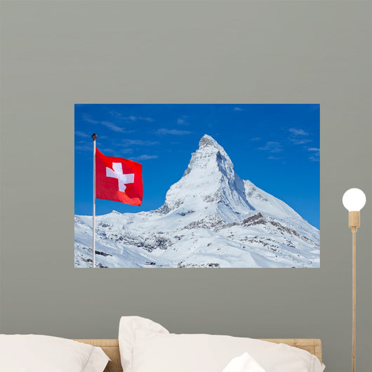 Famous Matterhorn with flag of switzerland Wall Mural