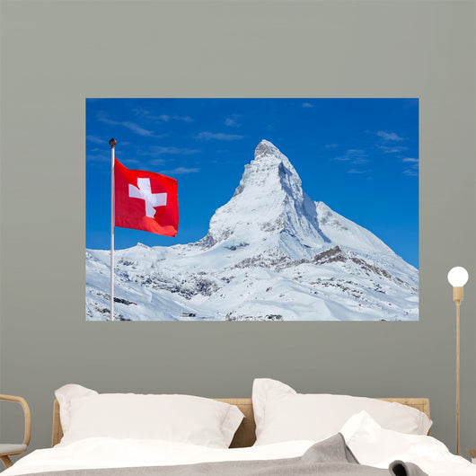 Famous Matterhorn with flag of switzerland Wall Mural