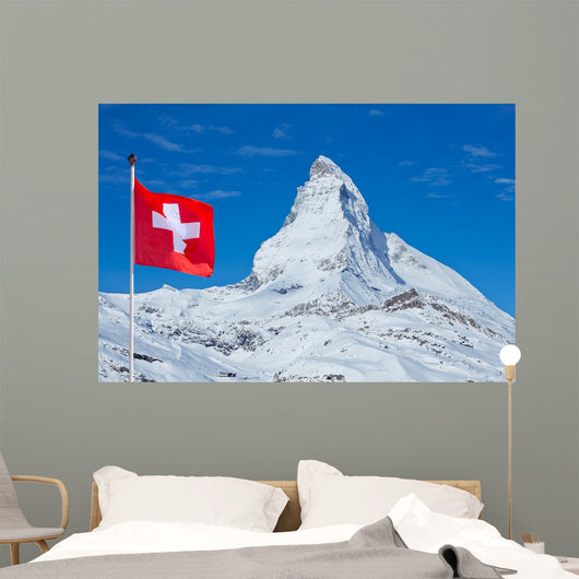 Famous Matterhorn with flag of switzerland Wall Mural
