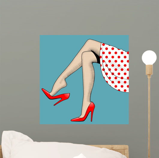 Vintage drawing of beautiful woman legs in red high-heeled shoes Wall Mural