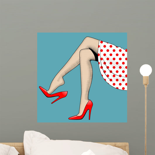 Vintage drawing of beautiful woman legs in red high-heeled shoes Wall Mural