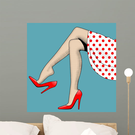 Vintage drawing of beautiful woman legs in red high-heeled shoes Wall Mural