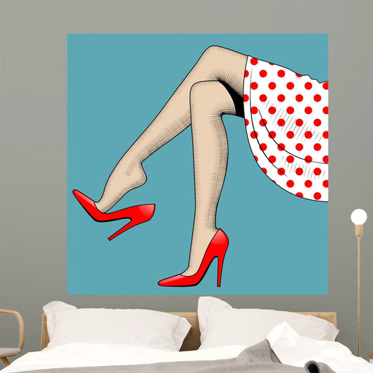Vintage drawing of beautiful woman legs in red high-heeled shoes Wall Mural
