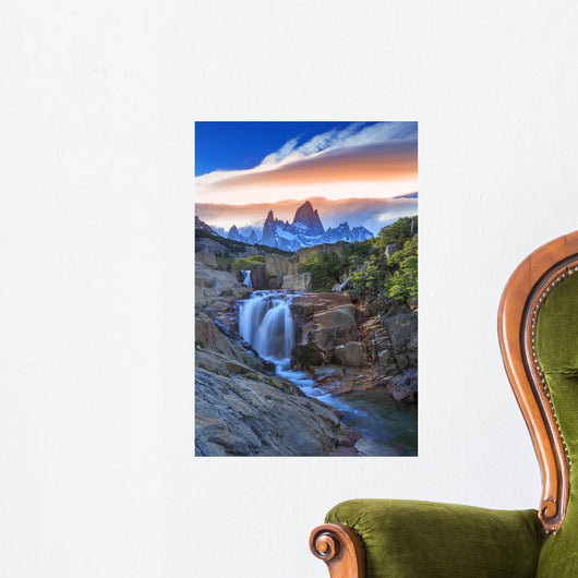 Mt Fitz Roy with a waterfall, Los Glaciares National Park, Argentina Wall Mural