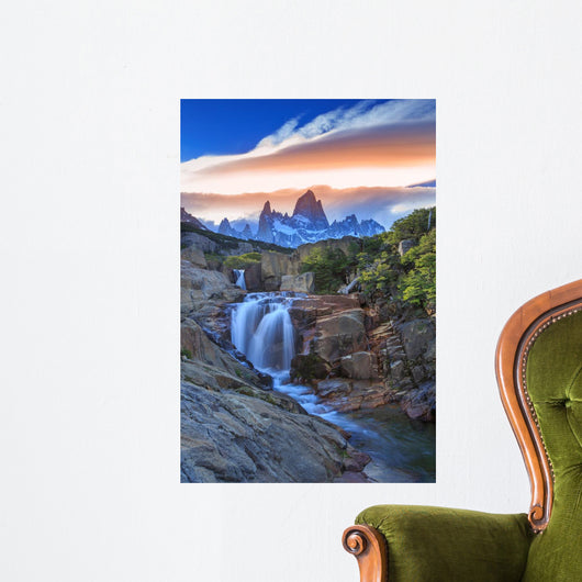Mt Fitz Roy with a waterfall, Los Glaciares National Park, Argentina Wall Mural