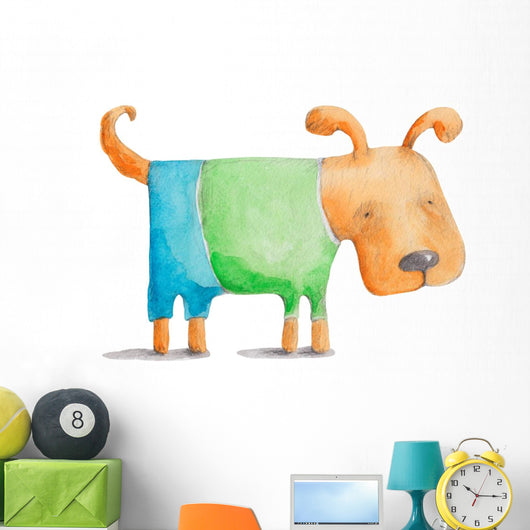 Little red dog in shirt and pants. Watercolor illustration Wall Decal