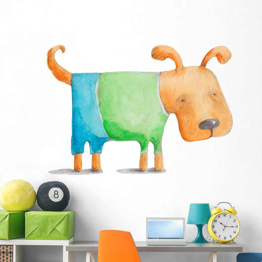 Little red dog in shirt and pants. Watercolor illustration Wall Decal