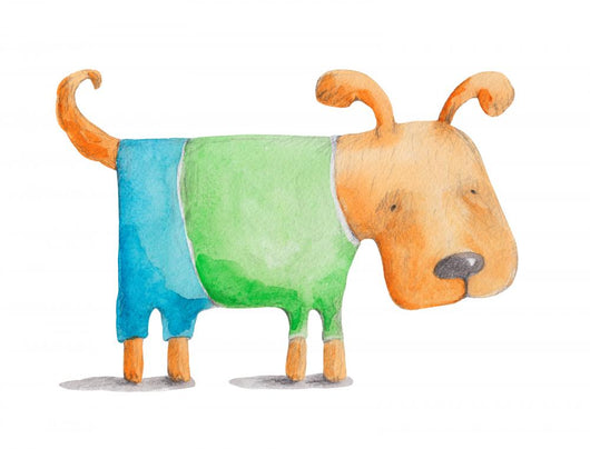 Little red dog in shirt and pants. Watercolor illustration Wall Decal